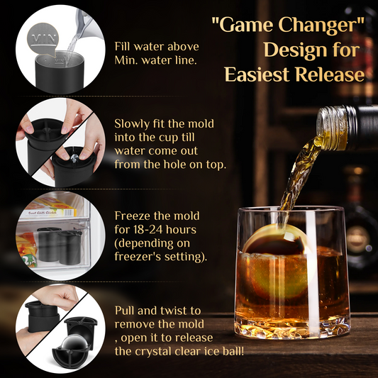 Patented Clear Ice Cube Maker, 2.5" Stainless Steel Ice Ball Maker Mold for Whiskey & Cocktails, Non-BPA Premium Silicone Ice Cube Molds, Easy-Release Sphere Ice Maker, Bourbon Gifts for Men(Black))