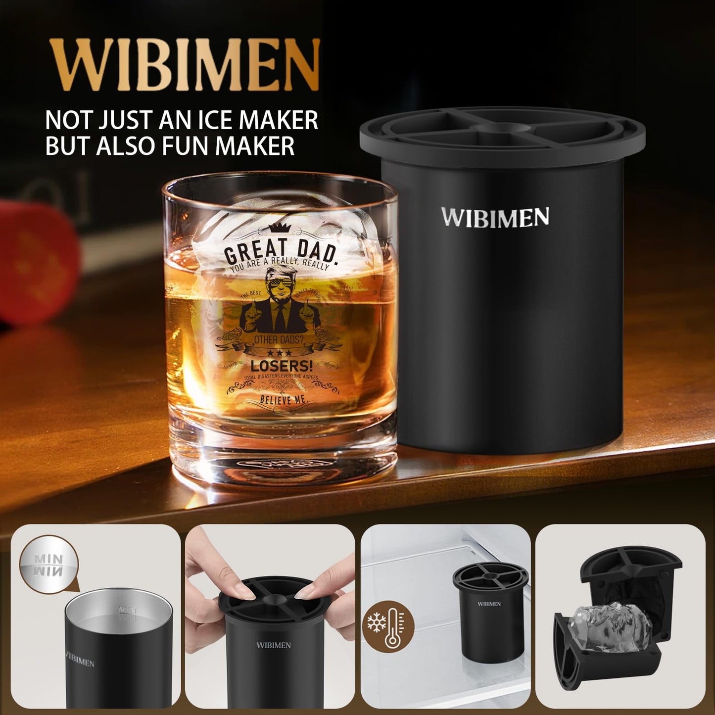 WIBIMEN Whiskey Ice Cubes Mold Set for Men, Dad, Husband, Men’s Gifts Set with Whiskey Glass, Clear Ice Cube Maker, and Greeting Card, Bourbon Gifts for Men,Old Fashioned Glass Set for Father