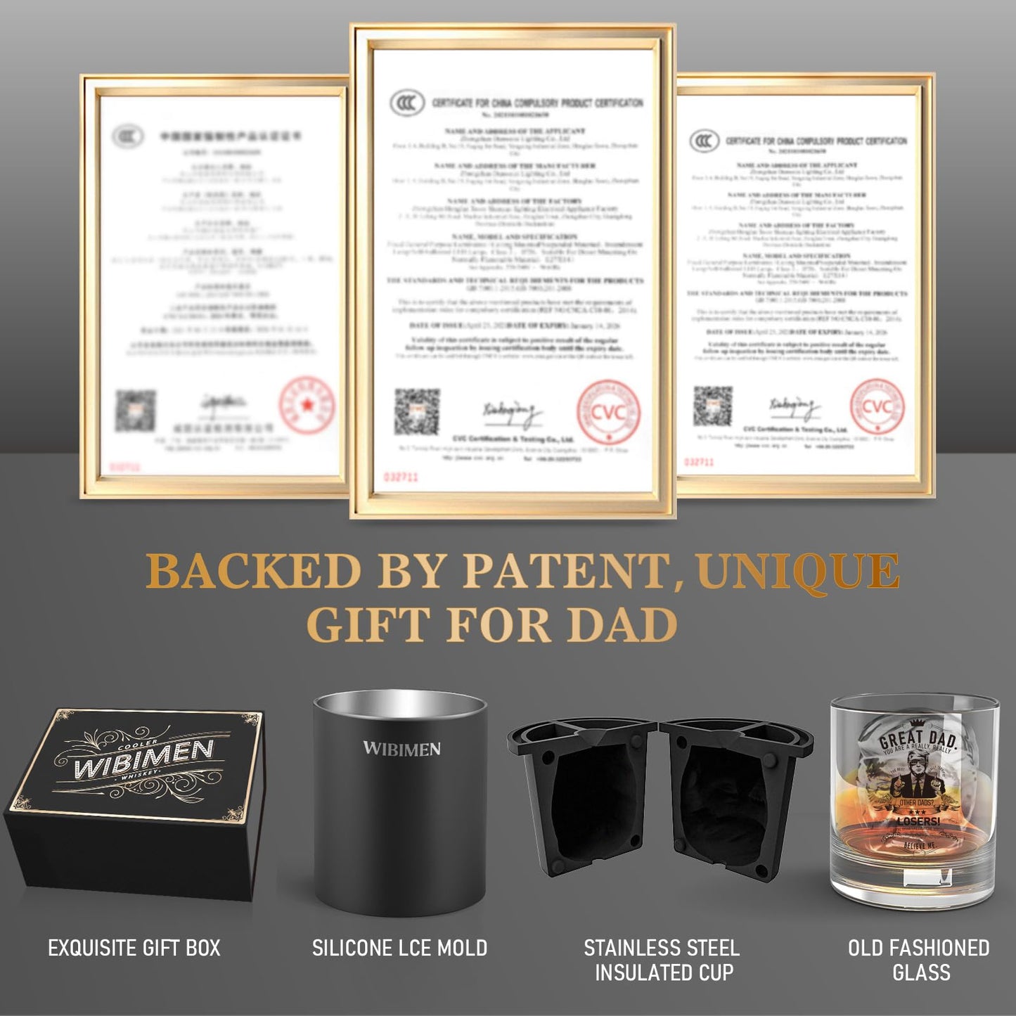 WIBIMEN Whiskey Ice Cubes Mold Set for Men, Dad, Husband, Men’s Gifts Set with Whiskey Glass, Clear Ice Cube Maker, and Greeting Card, Bourbon Gifts for Men,Old Fashioned Glass Set for Father