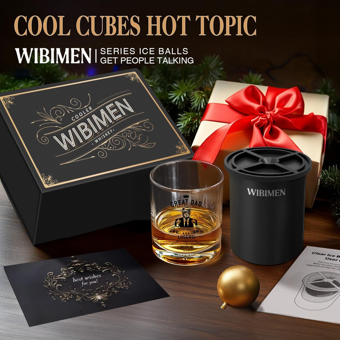 WIBIMEN Whiskey Ice Cubes Mold Set for Men, Dad, Husband, Men’s Gifts Set with Whiskey Glass, Clear Ice Cube Maker, and Greeting Card, Bourbon Gifts for Men,Old Fashioned Glass Set for Father