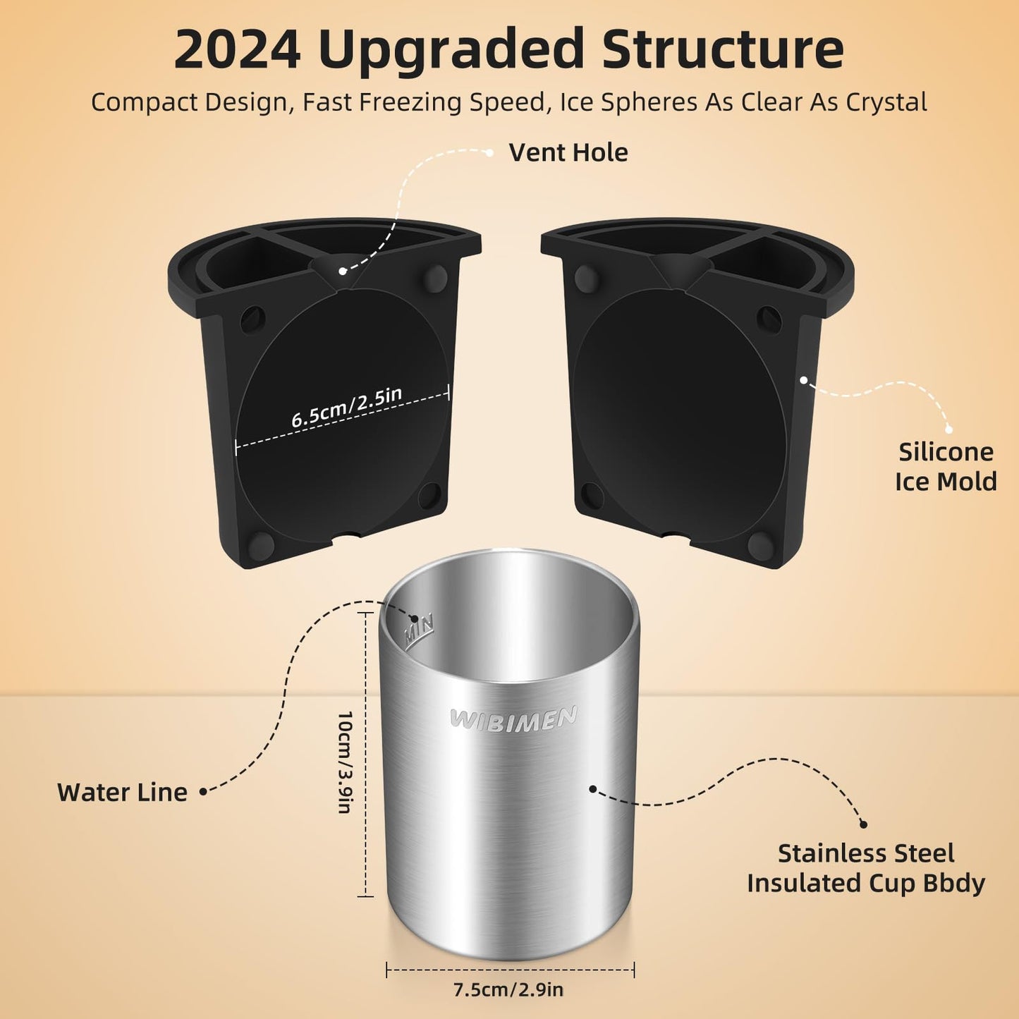 Patented Clear Ice Cube Maker - 2.5" Ball - Stainless Steel - Compact Design - for Whiskey, Cocktail, Bourbon