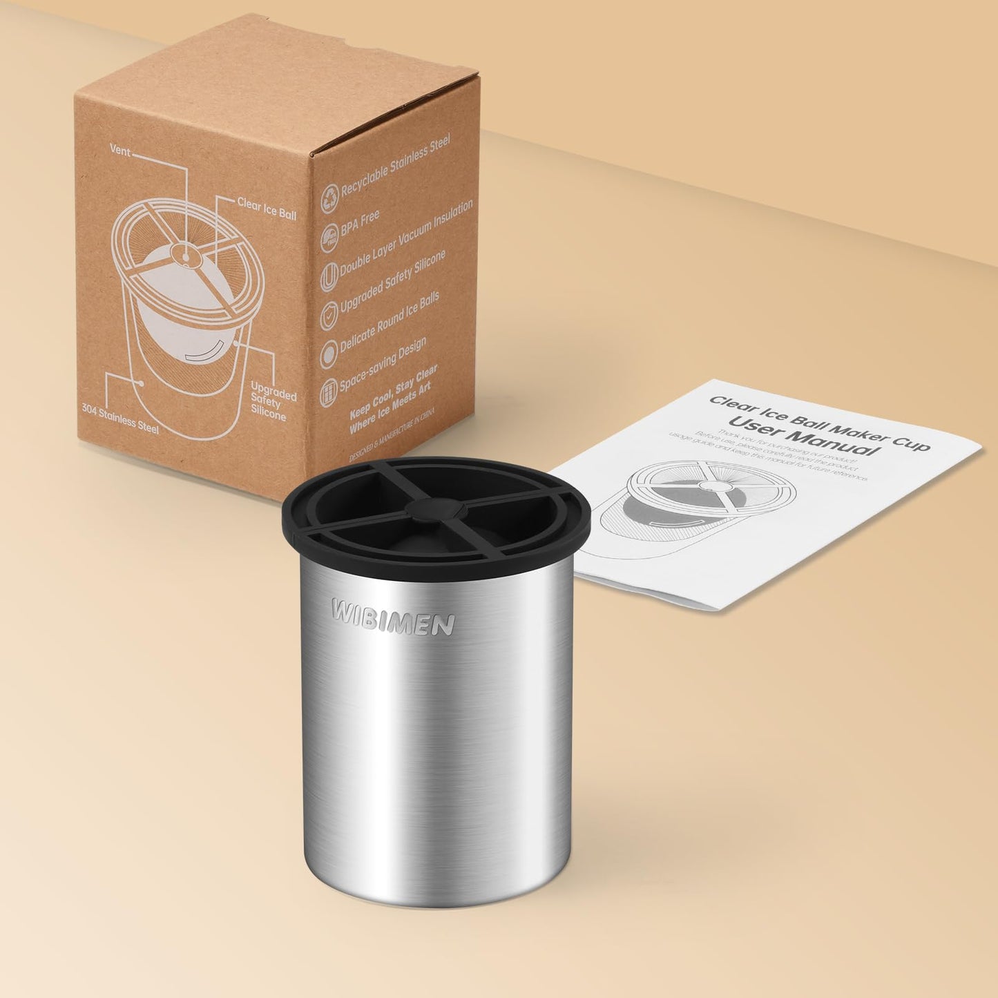 Patented Clear Ice Cube Maker - 2.5" Ball - Stainless Steel - Compact Design - for Whiskey, Cocktail, Bourbon