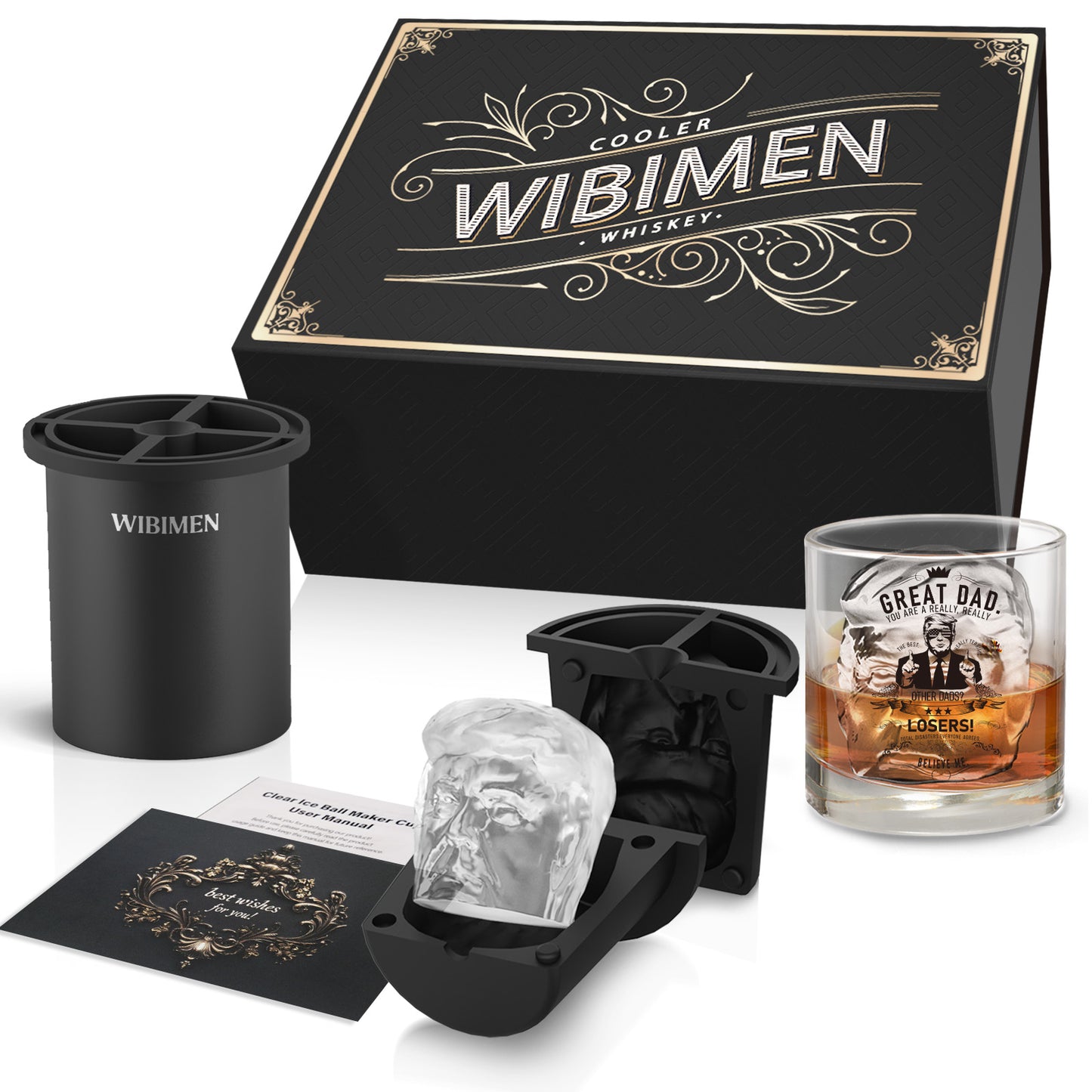 WIBIMEN Whiskey Ice Cubes Mold Set for Men, Dad, Husband, Men’s Gifts Set with Whiskey Glass, Clear Ice Cube Maker, and Greeting Card, Bourbon Gifts for Men,Old Fashioned Glass Set for Father