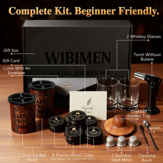 WIBIMEN cocktail smoker kit with gift box, torch, two glasses, barrel ice molds, smoker top, and wood chips