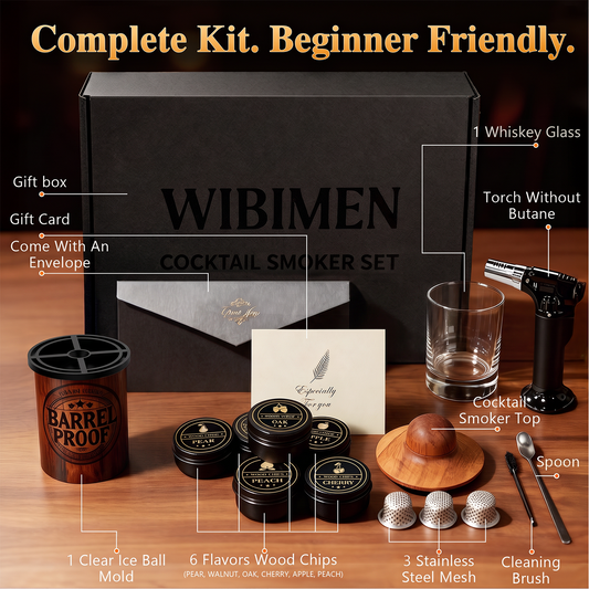 WIBIMEN cocktail smoker set with wood barrel ice mold, smoker top, torch, whiskey glass, and wood chips