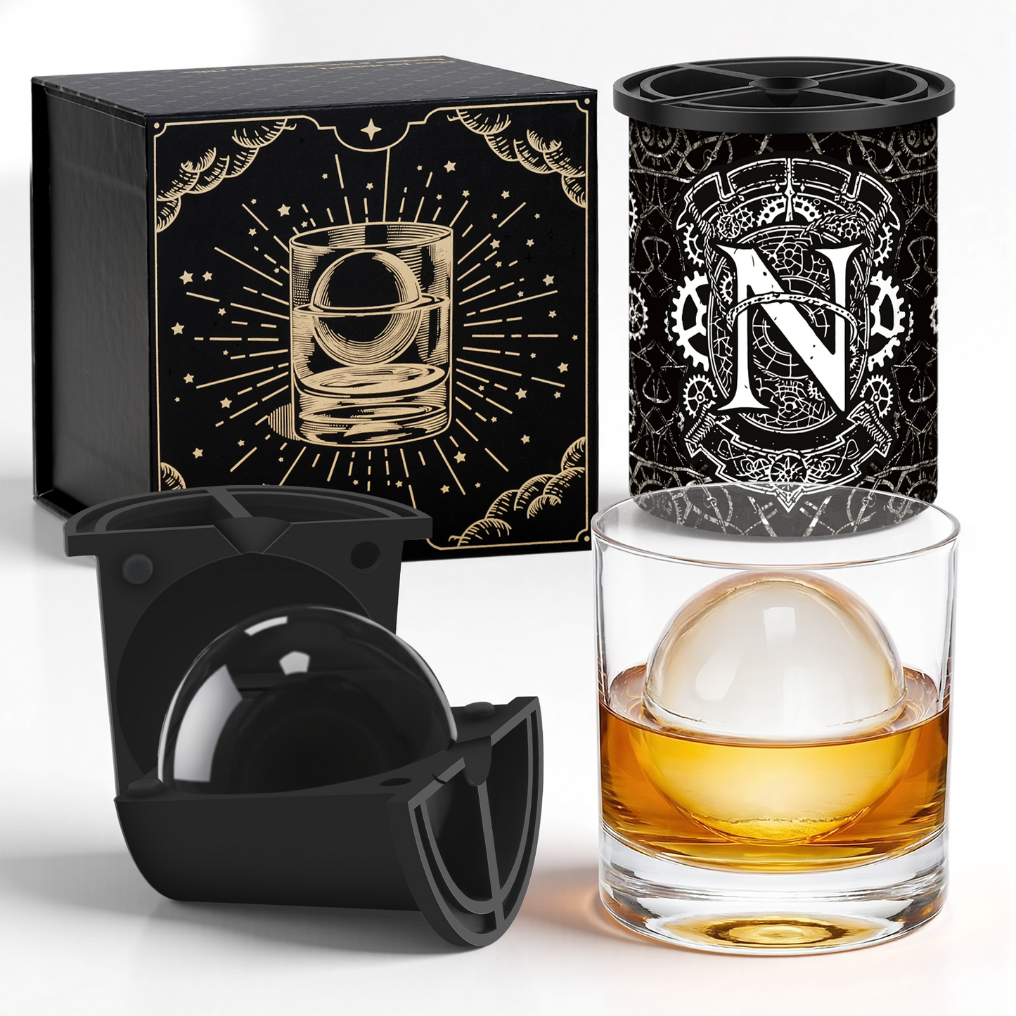 Clear Ice Cube Maker - 2.5" Ball - Initial N Gift Box - WIBIMEN