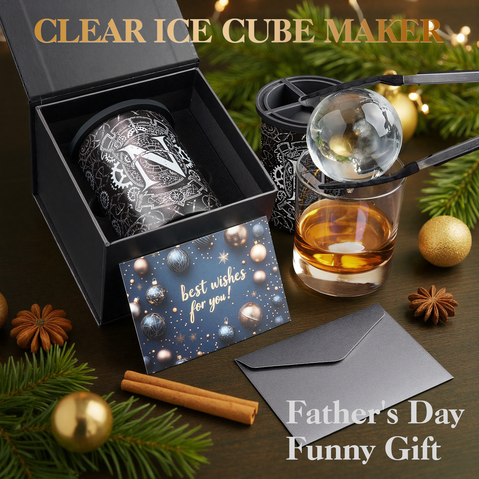 Clear Ice Cube Maker - 2.5" Ball - Initial N Gift Box - WIBIMEN
