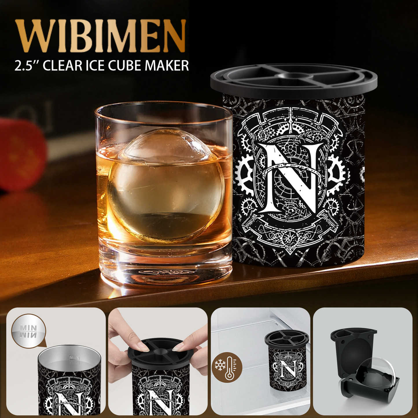 Clear Ice Cube Maker - 2.5" Ball - Initial N Gift Box - WIBIMEN