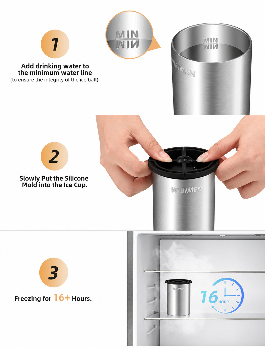 Steps 1-3 to make clear ice balls: add water to minimum line, place silicone mold, freeze for 16+ hours.
