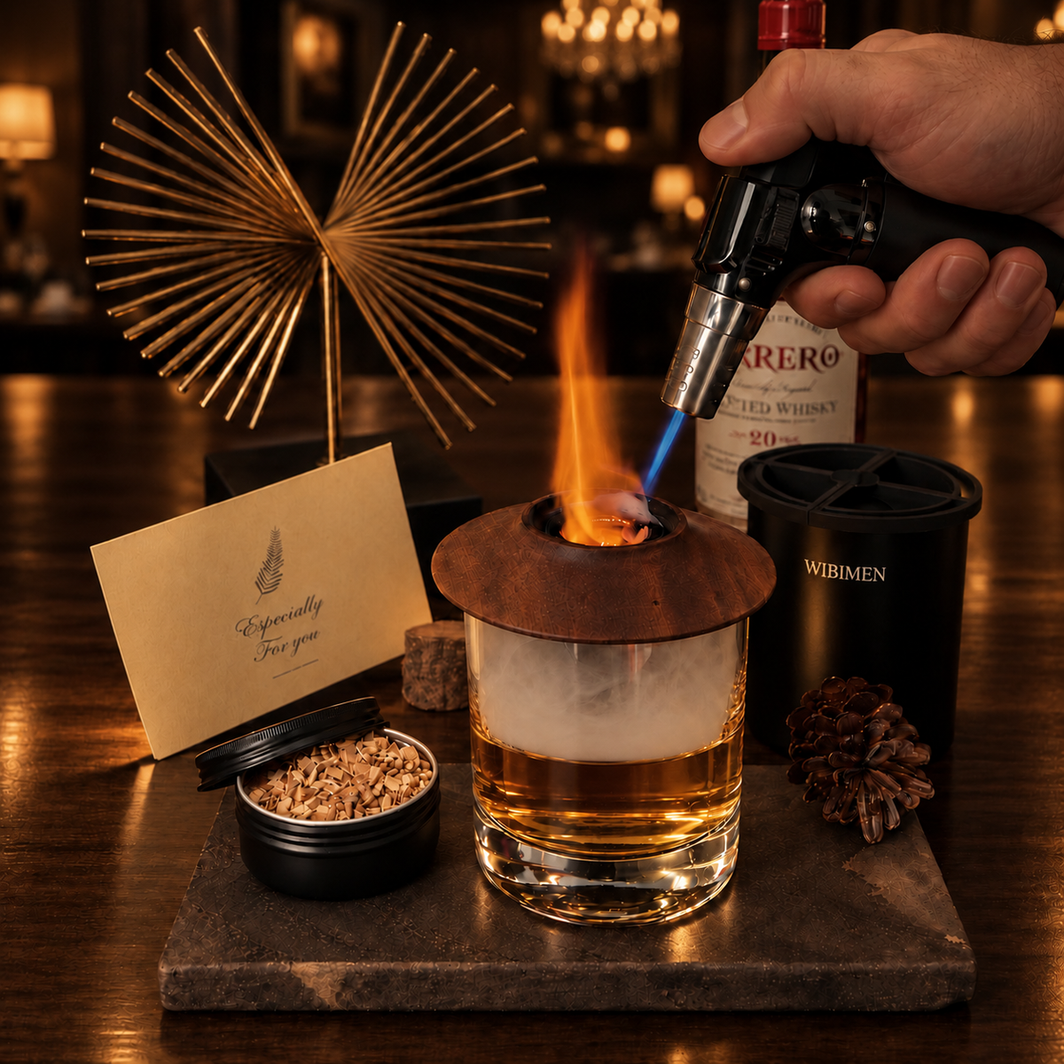 WIBIMEN whiskey smoker kit in warm, low-key bar lighting