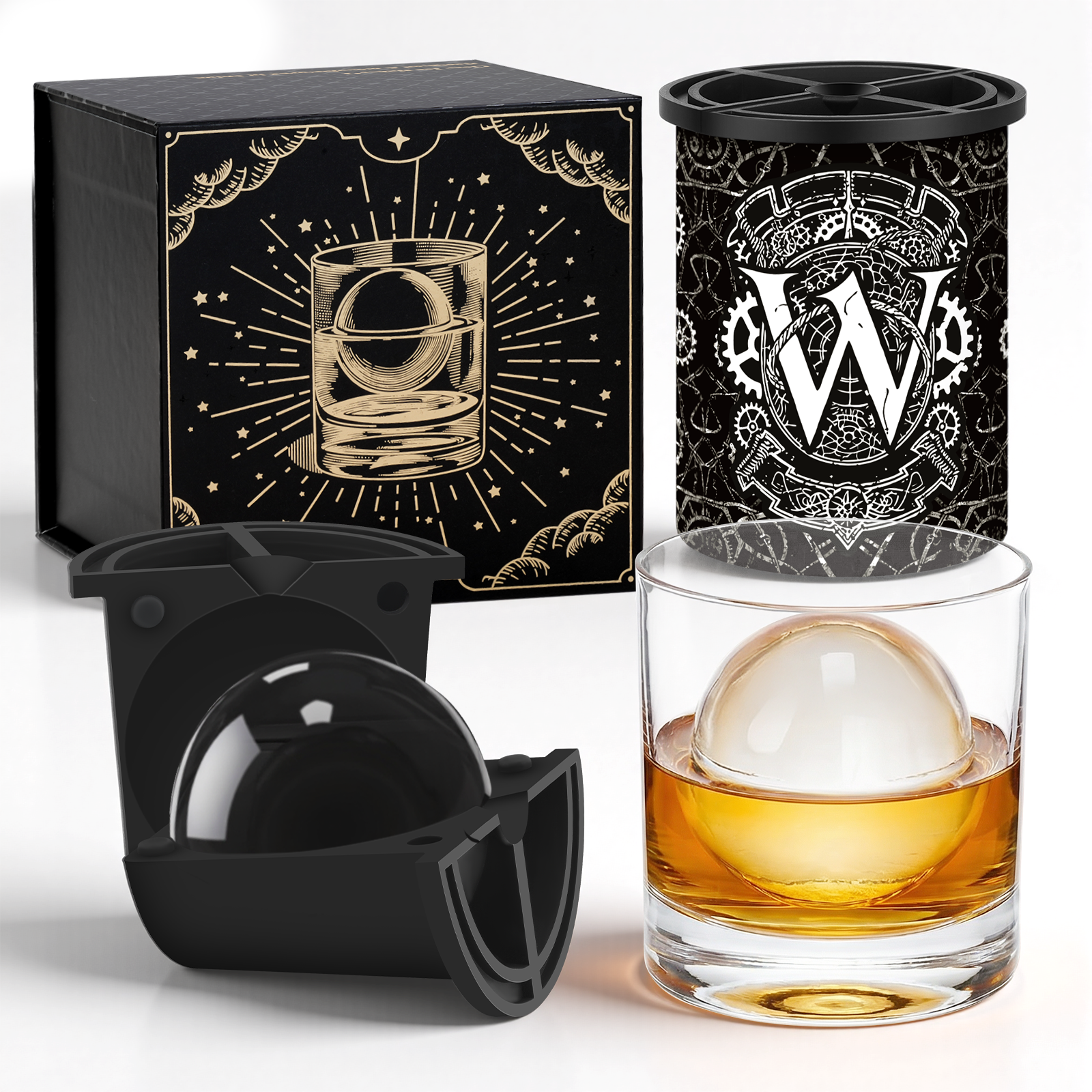 Clear Ice Cube Maker - 2.5" Ball - Initial W Gift Box - WIBIMEN