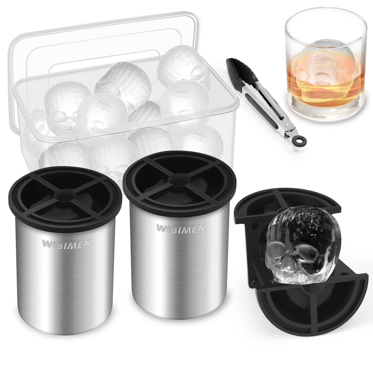 Patented Clear Ice Cube Maker - 2" Skull - Stainless Steel Clear Ice Maker - Compact Design - for Old Fashioned Whiskey Gifts, Cocktail, Bourbon
