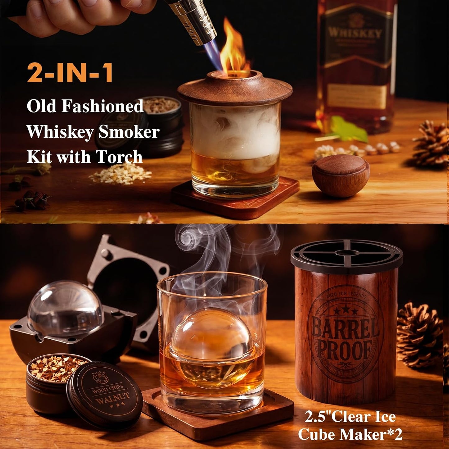 Whiskey Smoker Kit - 2 Ice Makers & Glasses - Wood Barrel