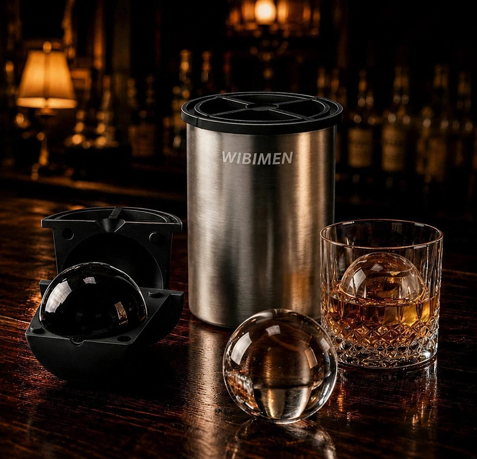 WIBIMEN clear ice maker with large clear ice spheres at a home bar