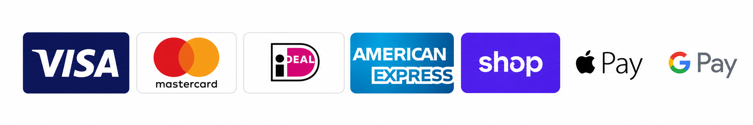 Payment icons: Visa, Mastercard, Ideal, American Express, Shop, Apple pay, Google pay.