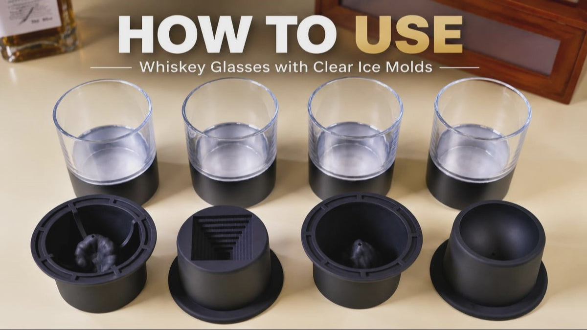 Load video: This product includes a glass cup, a double-wall stainless steel base, and a silicone ice mold. Before use, make sure all parts are clean and completely dry.  
Step 1: Fill the glass cup with tap water up to the MIN line for clearer ice.  
Step 2: Press evenly around the edge of the mold to slowly push it into the cup.  
Step 3: Cover the air vent and pour off any excess water.  
Step 4: Place the assembled cup upright in the freezer and freeze for 24 hours or more.  
Step 5: Remove the frozen cup from the 