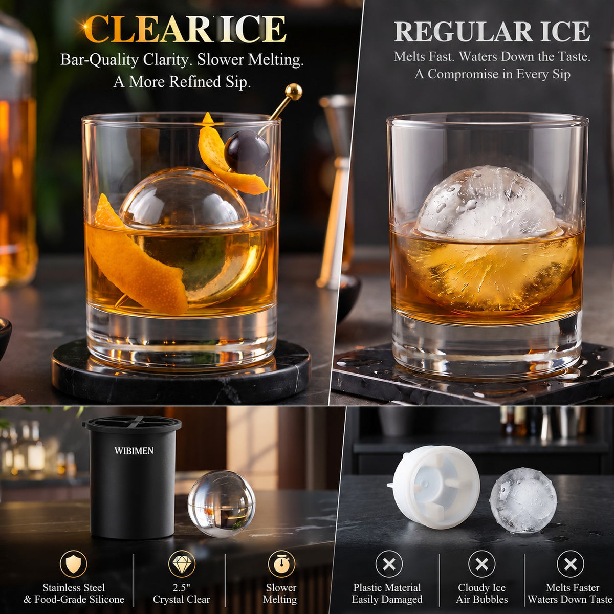 Whiskey Smoker Kit - Ice Maker & Glass - Pure Black