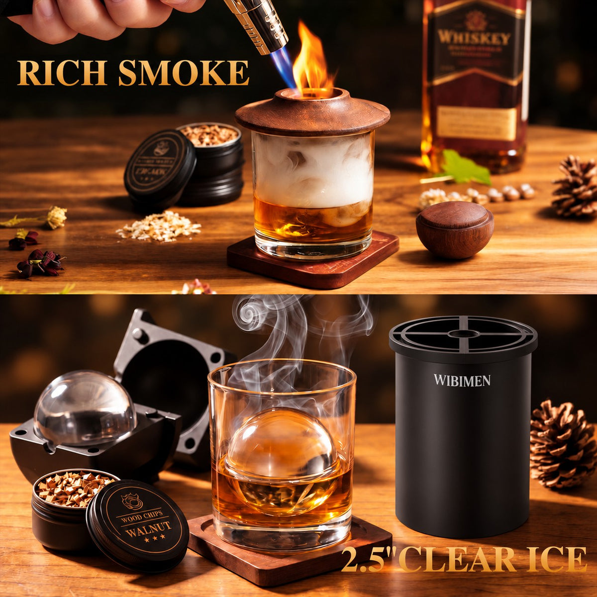 Whiskey Smoker Kit - Ice Maker & Glass - Pure Black