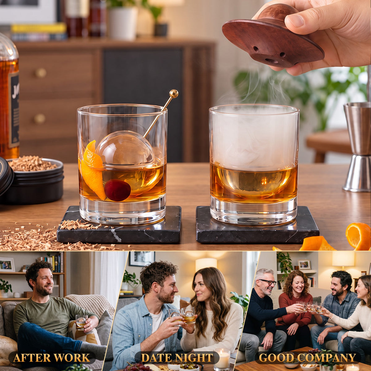 Whiskey Smoker Kit - Ice Maker & Glass - Pure Black