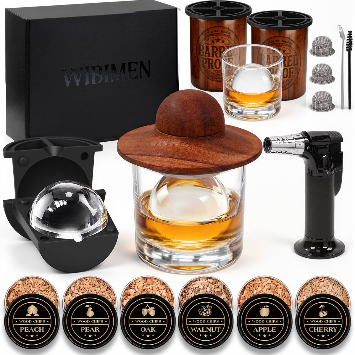 WIBIMEN whiskey smoker set with sphere ice makers, glasses, wooden smoker top, torch, and six wood chip tins