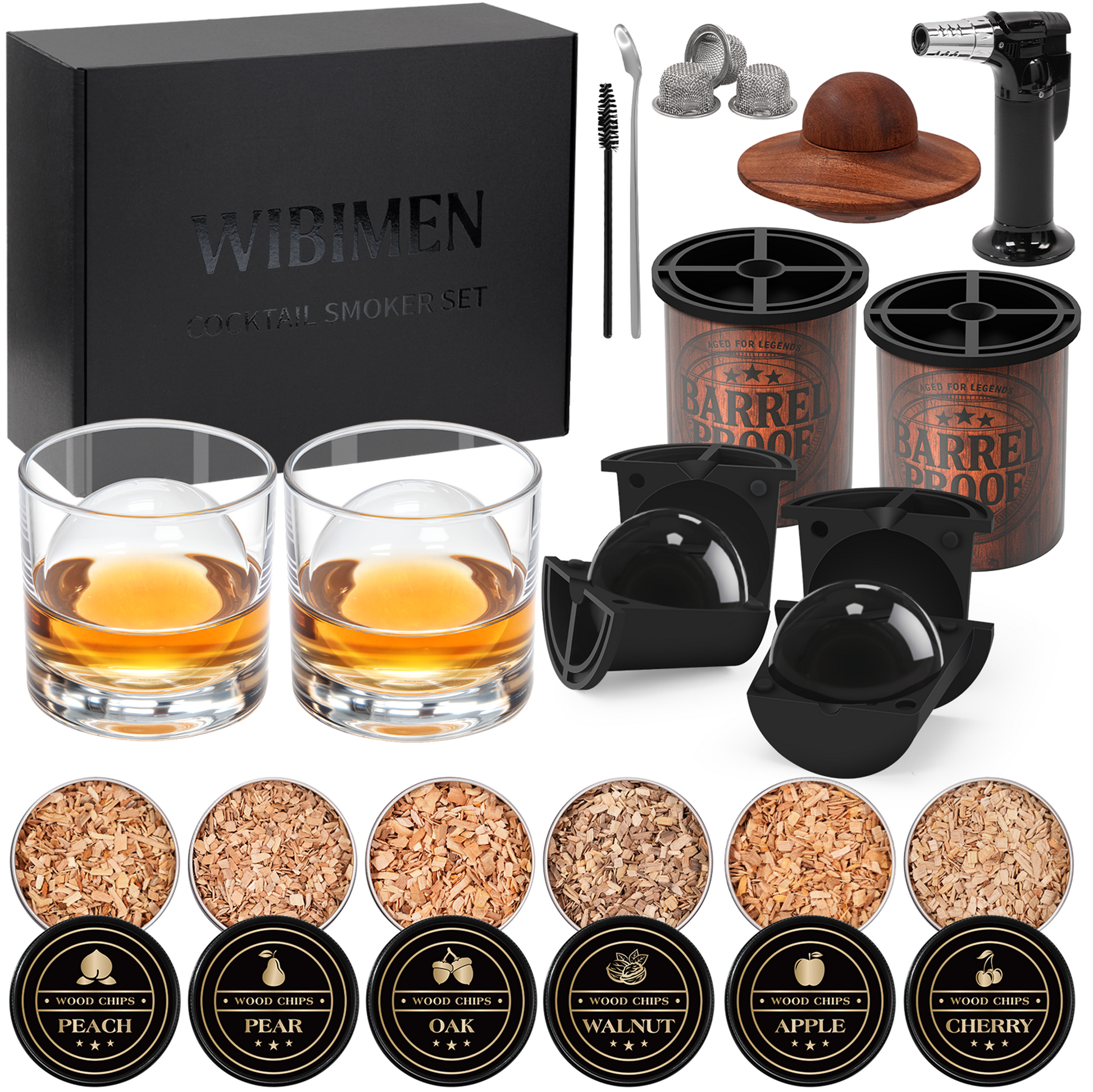 Whiskey Smoker Kit - 2 Ice Makers & Glasses - Wood Barrel - WIBIMEN