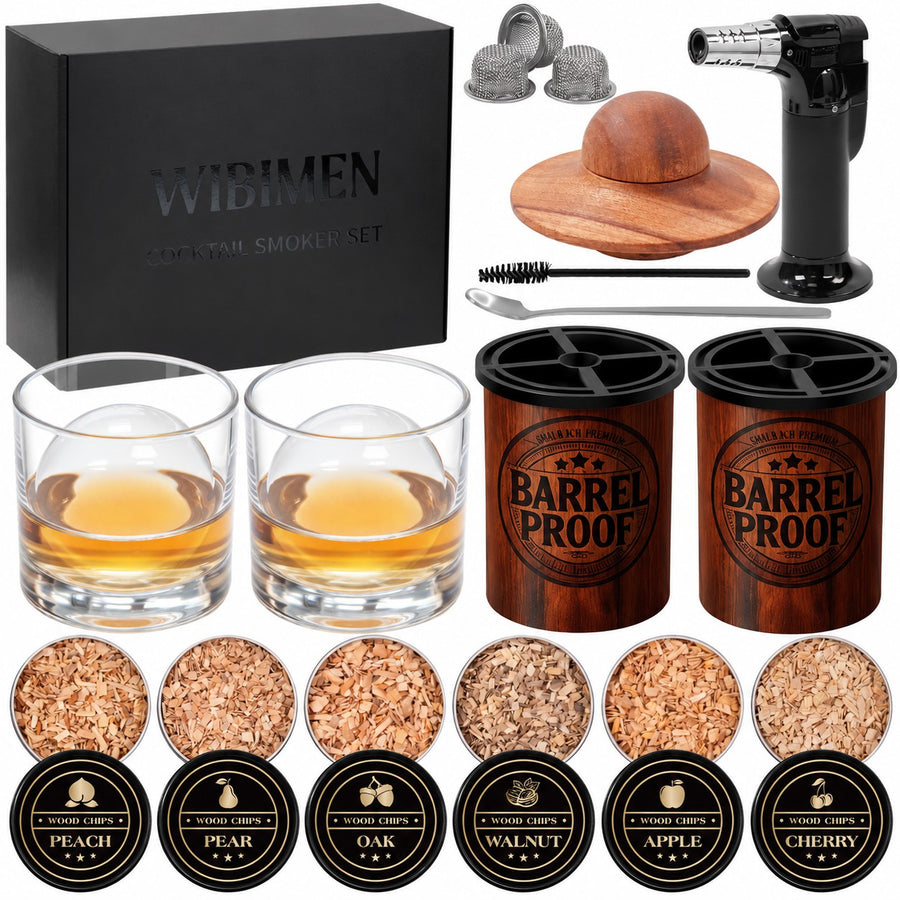 WIBIMEN whiskey smoker set with sphere ice makers, glasses, wooden smoker top, torch, and six wood chip tins