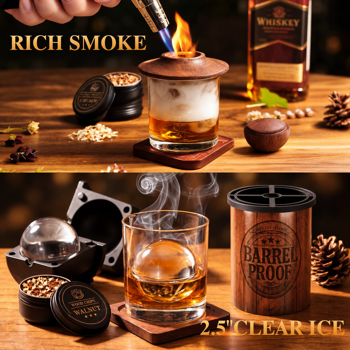 Torch lighting a wooden cocktail smoker and a glass with a clear ice sphere next to a barrel ice mold