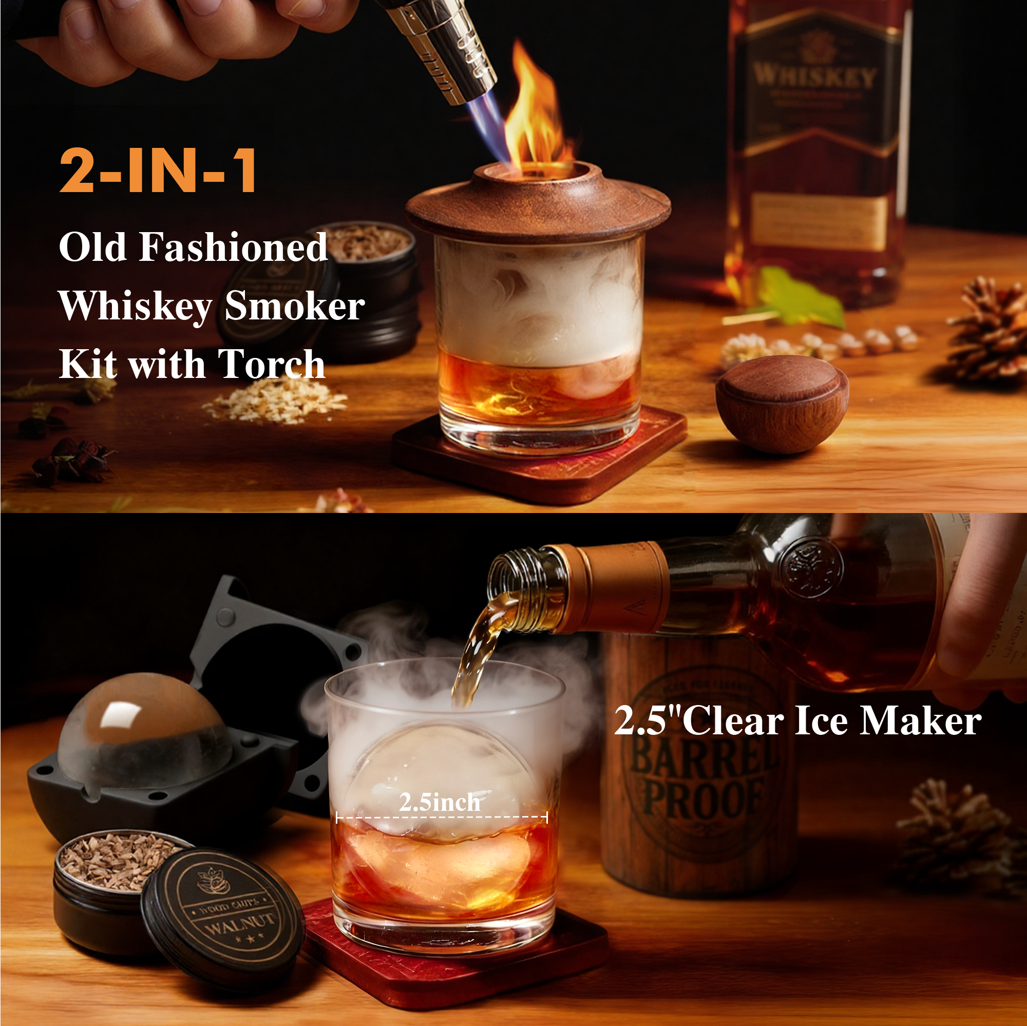 Whiskey Smoker Kit - Wooden Barrel - Ice Molds & Glasses