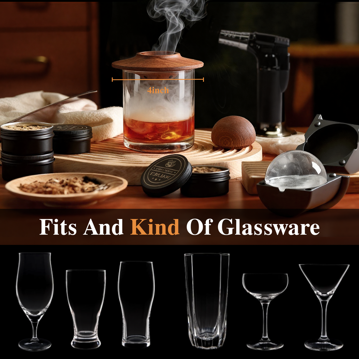 Whiskey Smoker Kit - 2 Ice Makers & Glasses - Wood Barrel - WIBIMEN