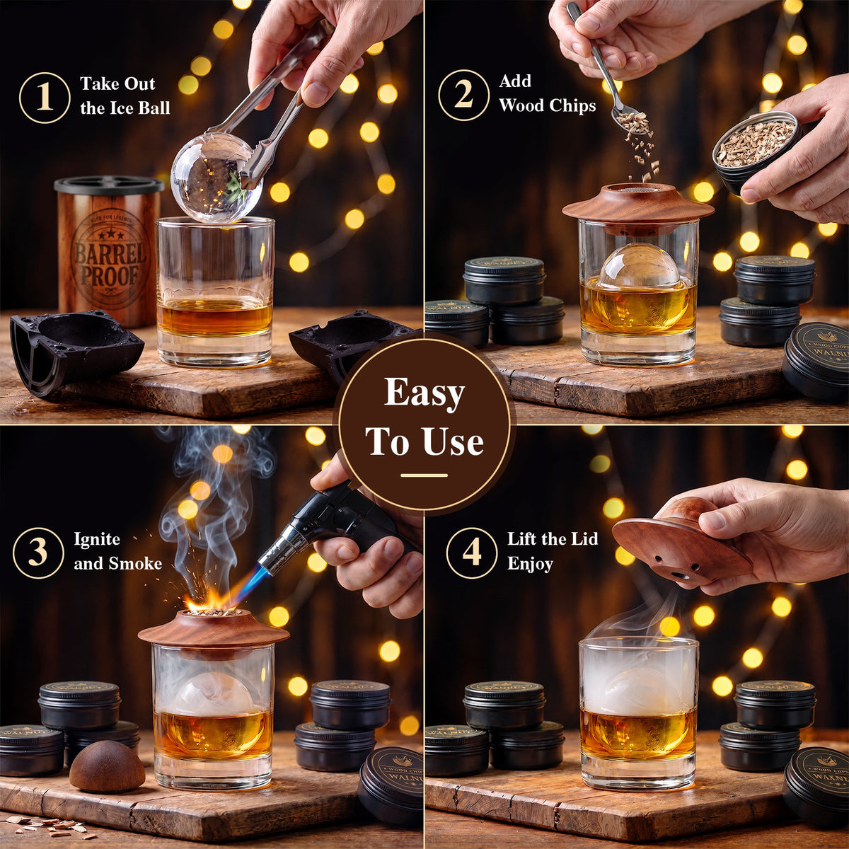 Four steps to use the cocktail smoker: add ice ball, place wood chips, ignite with torch, and uncover smoked drink
