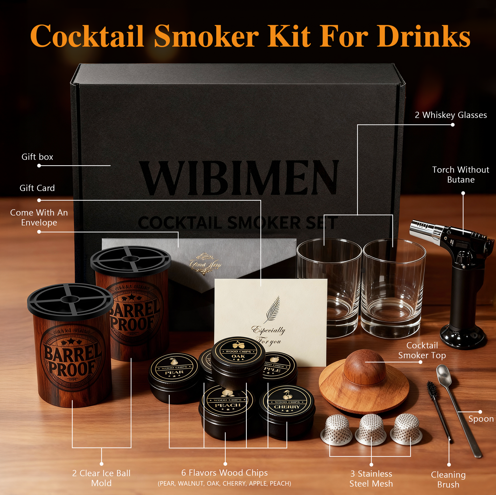 Whiskey Smoker Kit - 2 Ice Makers & Glasses - Wood Barrel - WIBIMEN