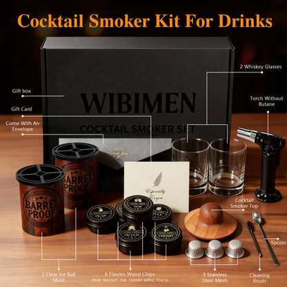 Whiskey Smoker Kit - 2 Ice Makers & Glasses - Wood Barrel - WIBIMEN