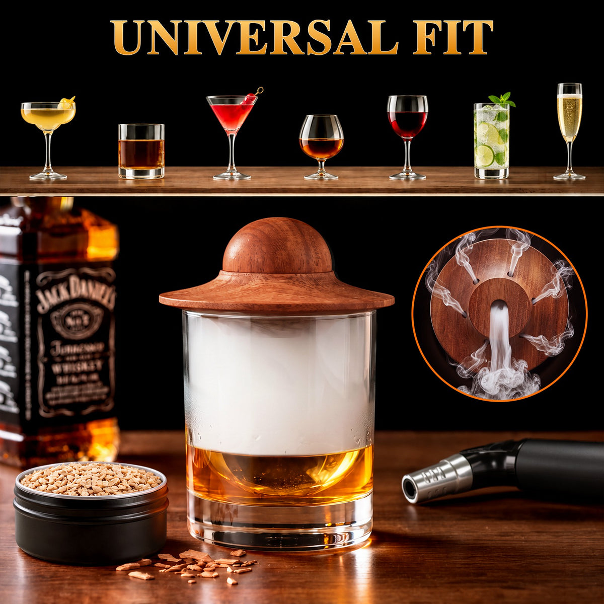Wooden cocktail smoker infusing smoke into a whiskey glass, highlighting universal fit across bar glasses