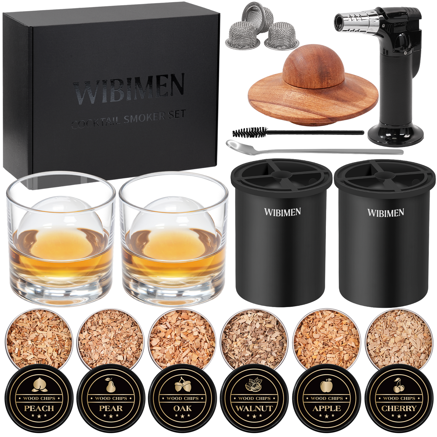 Whiskey Smoker Kit - 2 Ice Makers & Glasses - Pure Black - WIBIMEN