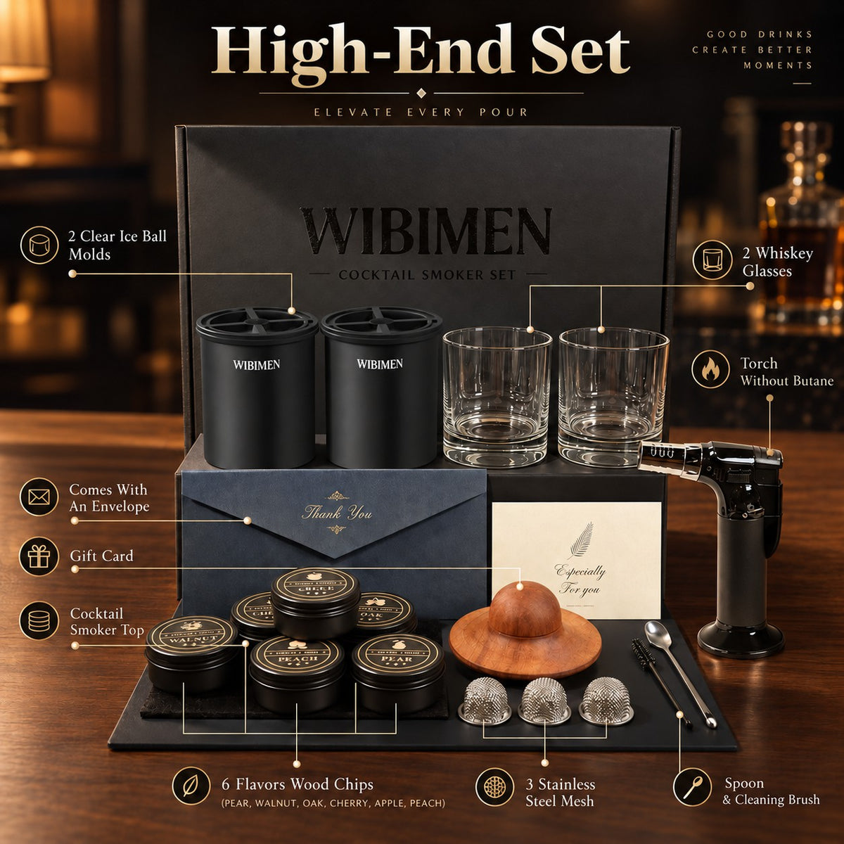WIBIMEN whiskey smoker kit with torch, wood chips, whiskey glasses, clear ice ball molds and gift accessories.