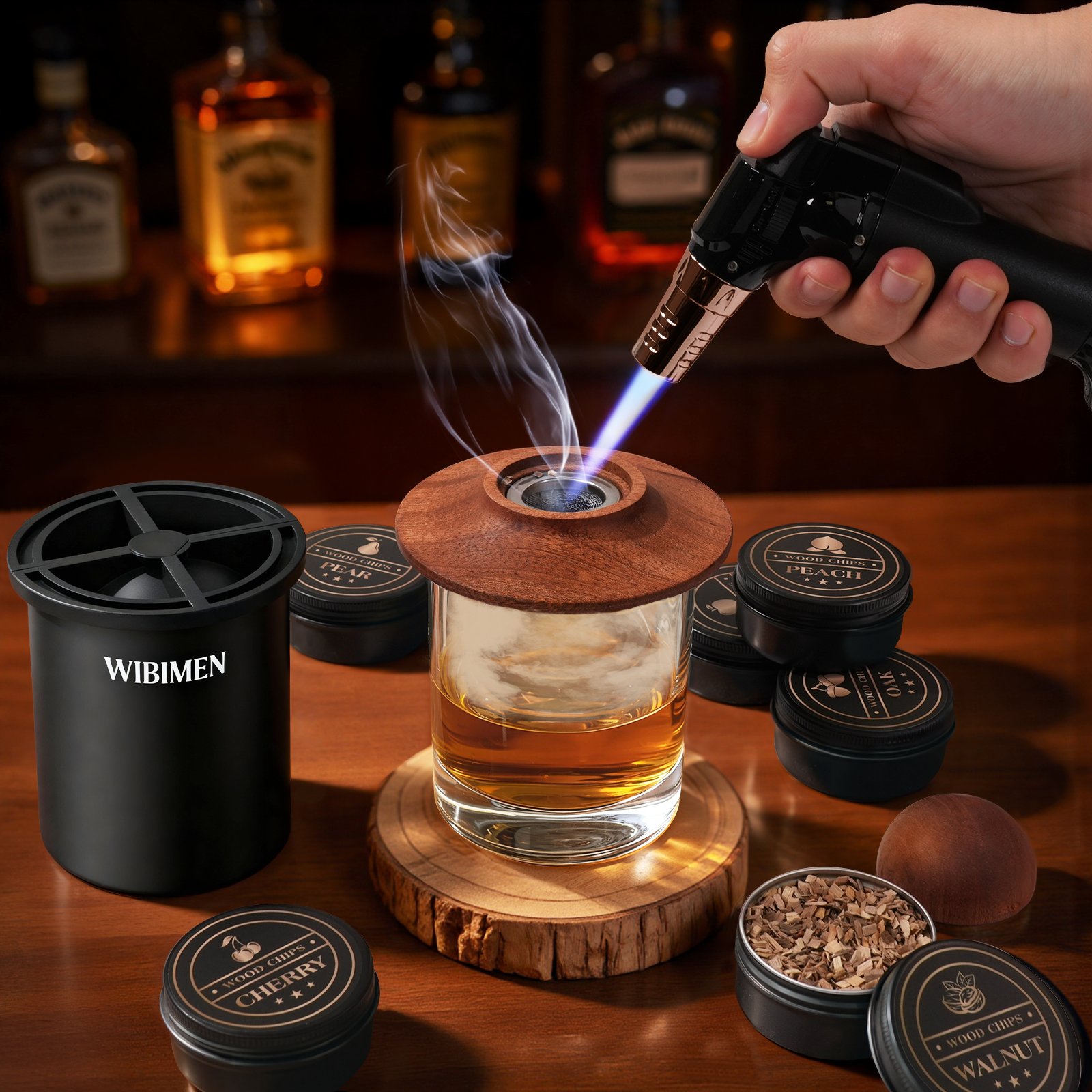 Whiskey Smoker Kit - 2 Ice Makers & Glasses - Pure Black - WIBIMEN