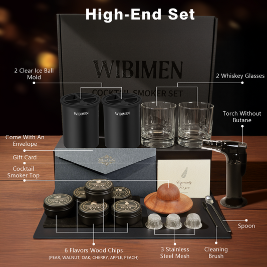 Whiskey Smoker Kit - 2 Ice Makers & Glasses - Pure Black - WIBIMEN