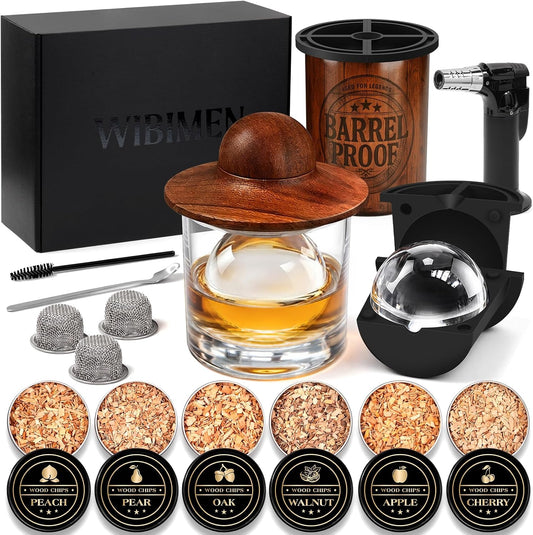 WIBIMEN whiskey smoker set with barrel ice maker, glass, ice ball mold, torch, and six tins of wood chips