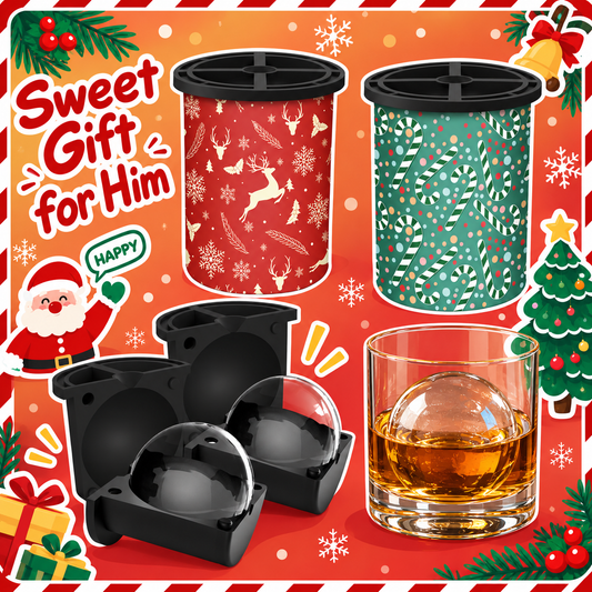 WIBIMEN Christmas ice sphere maker set with red reindeer and green candy cane cups, molds, and whiskey glass