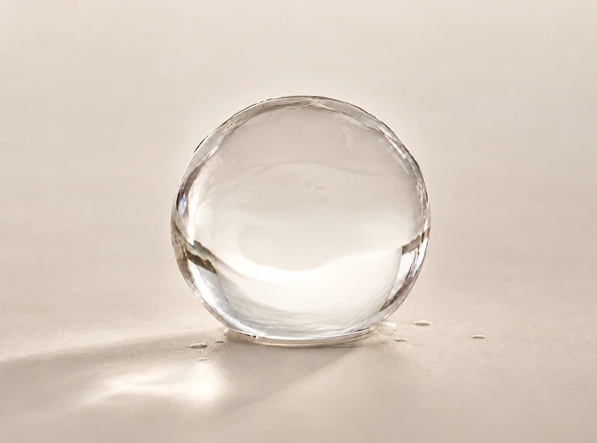 Transparent clear ice sphere on a warm neutral surface