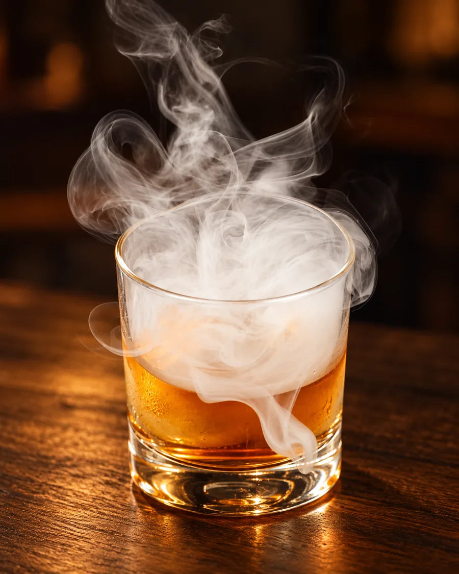 Whiskey glass with aromatic smoke at a warm home bar