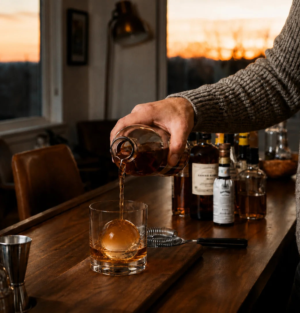 Whiskey being poured over a large clear ice sphere at a home bar