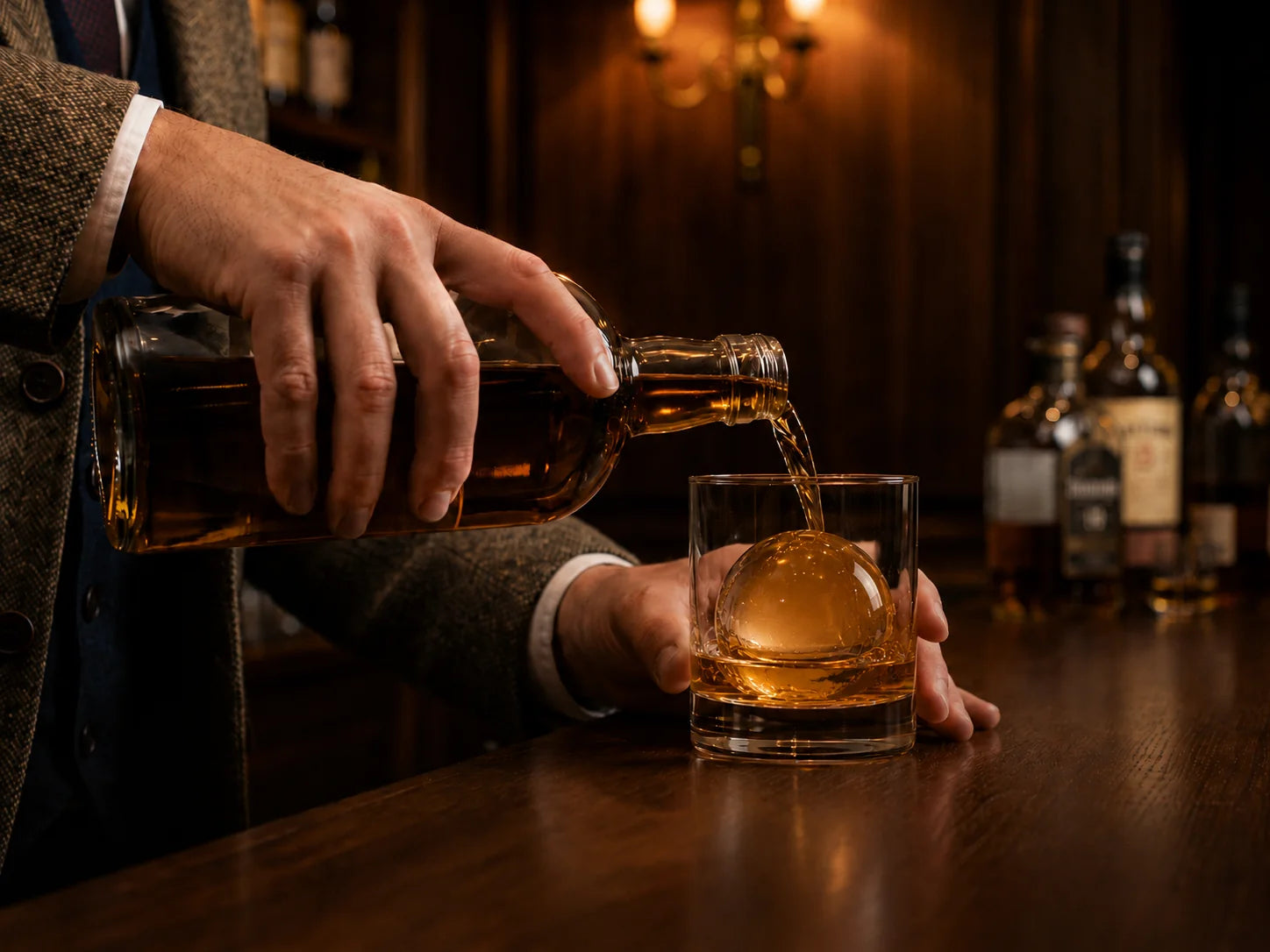 Whiskey poured over a large clear ice sphere in an upscale bar setting