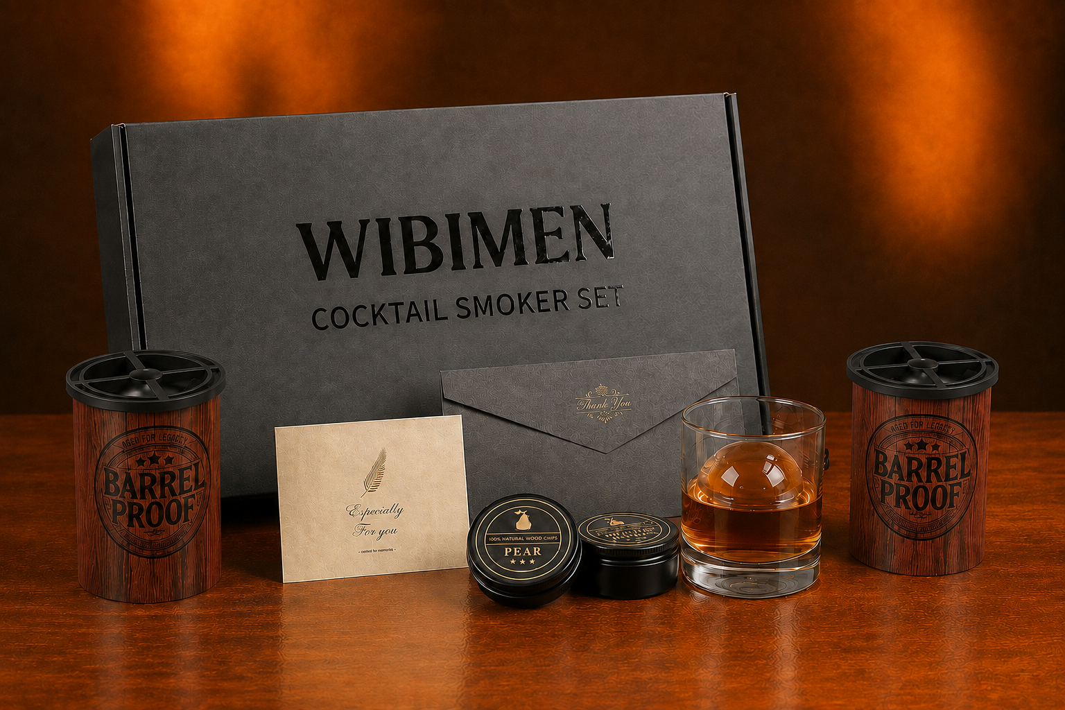 WIBIMEN Wood Barrel cocktail smoker set with two clear ice makers and whiskey glass
