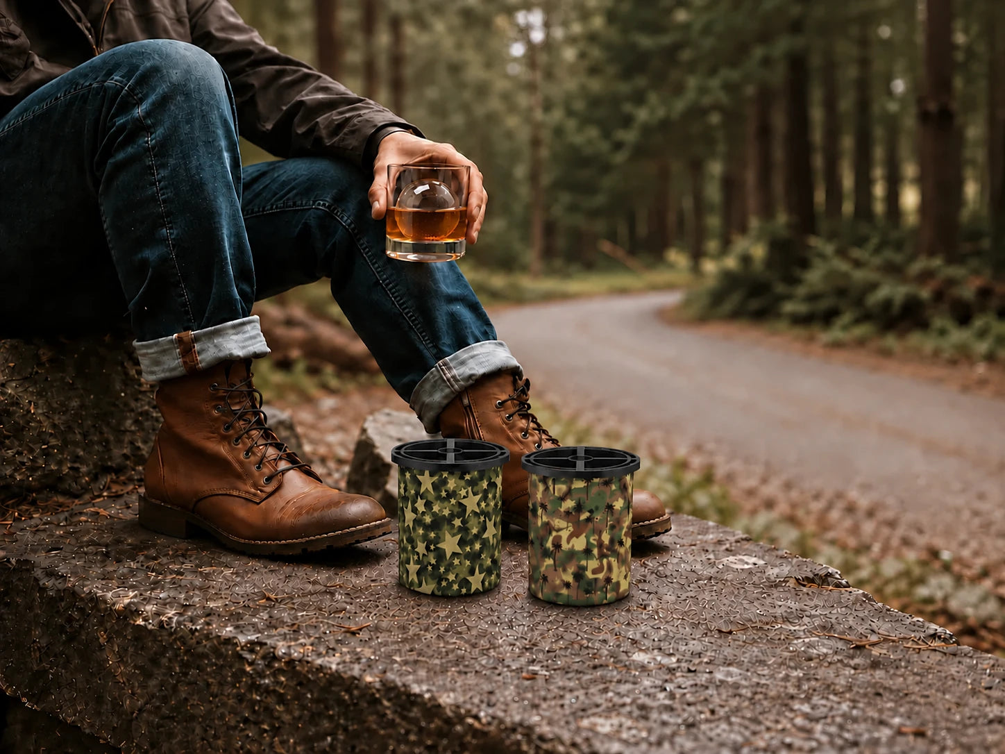 WIBIMEN Star Camo and Palm Camo clear ice sphere makers in an outdoor whiskey setting