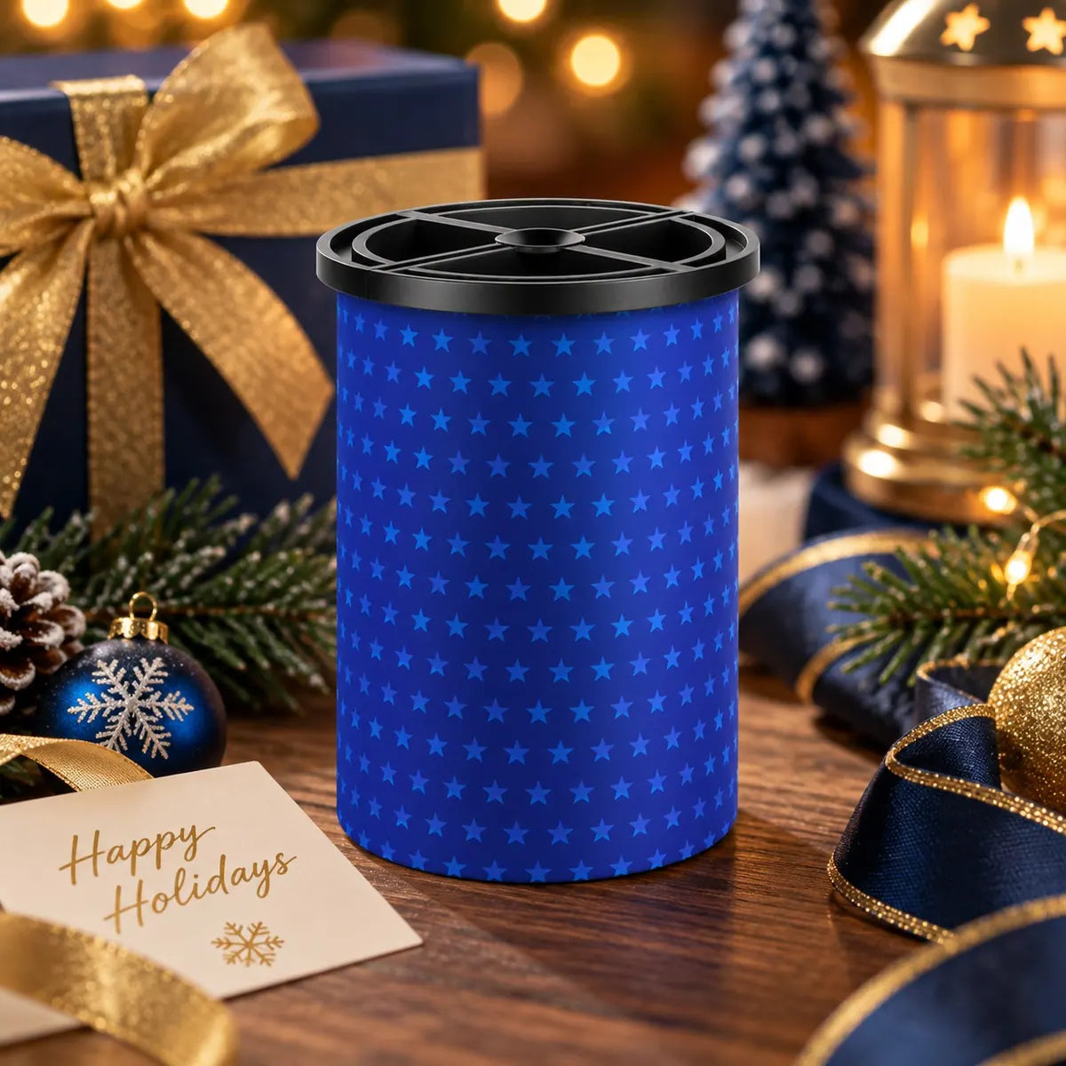 Starry Blue clear ice sphere maker beside a wrapped gift