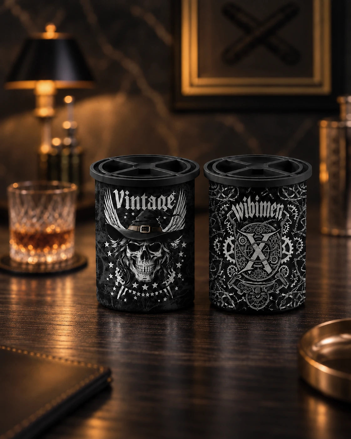 WIBIMEN Vintage Skull and Black Gear X clear ice sphere makers in a dark home bar