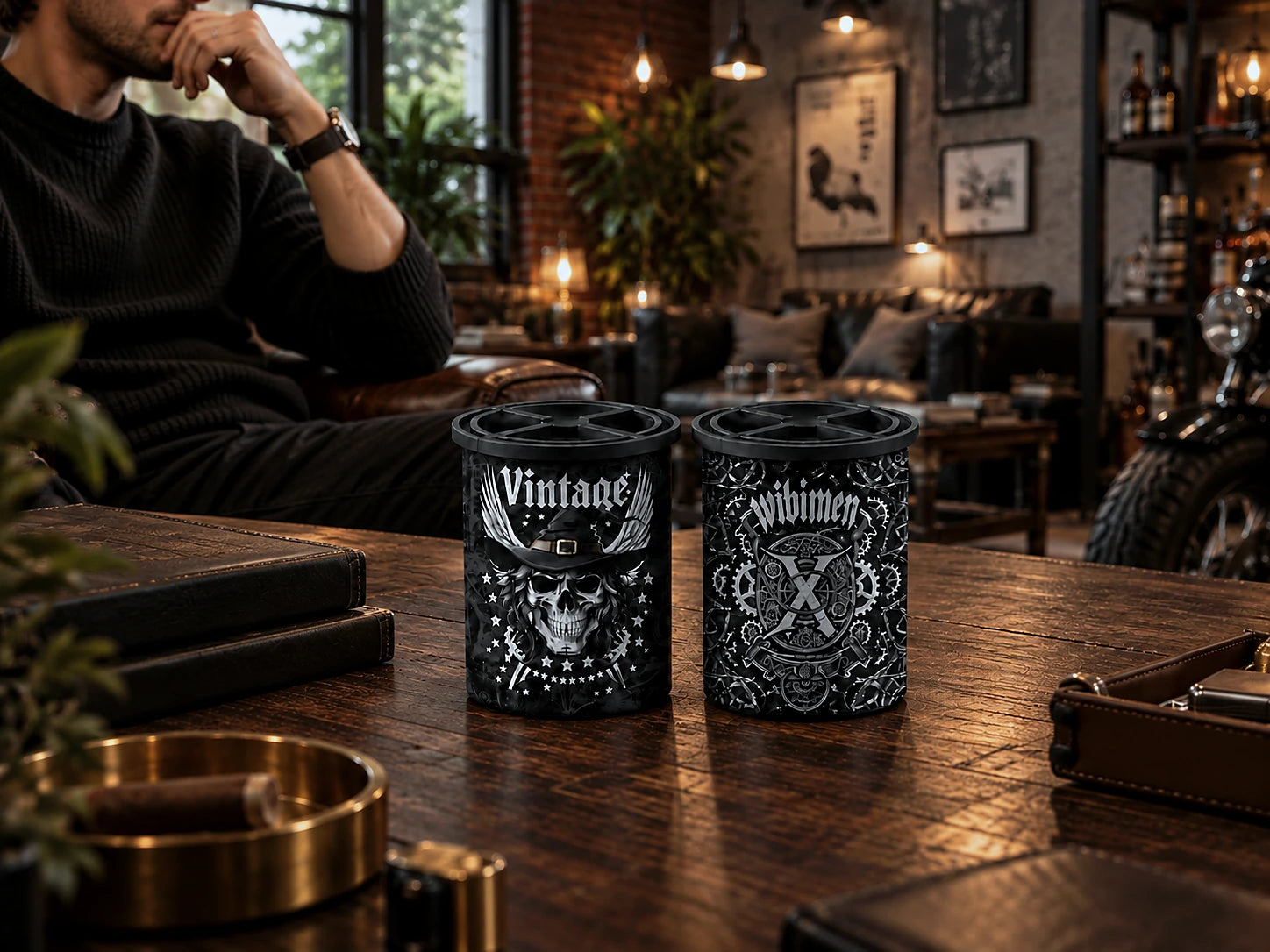 WIBIMEN Vintage Skull and Black Gear X clear ice sphere makers in a dark home bar