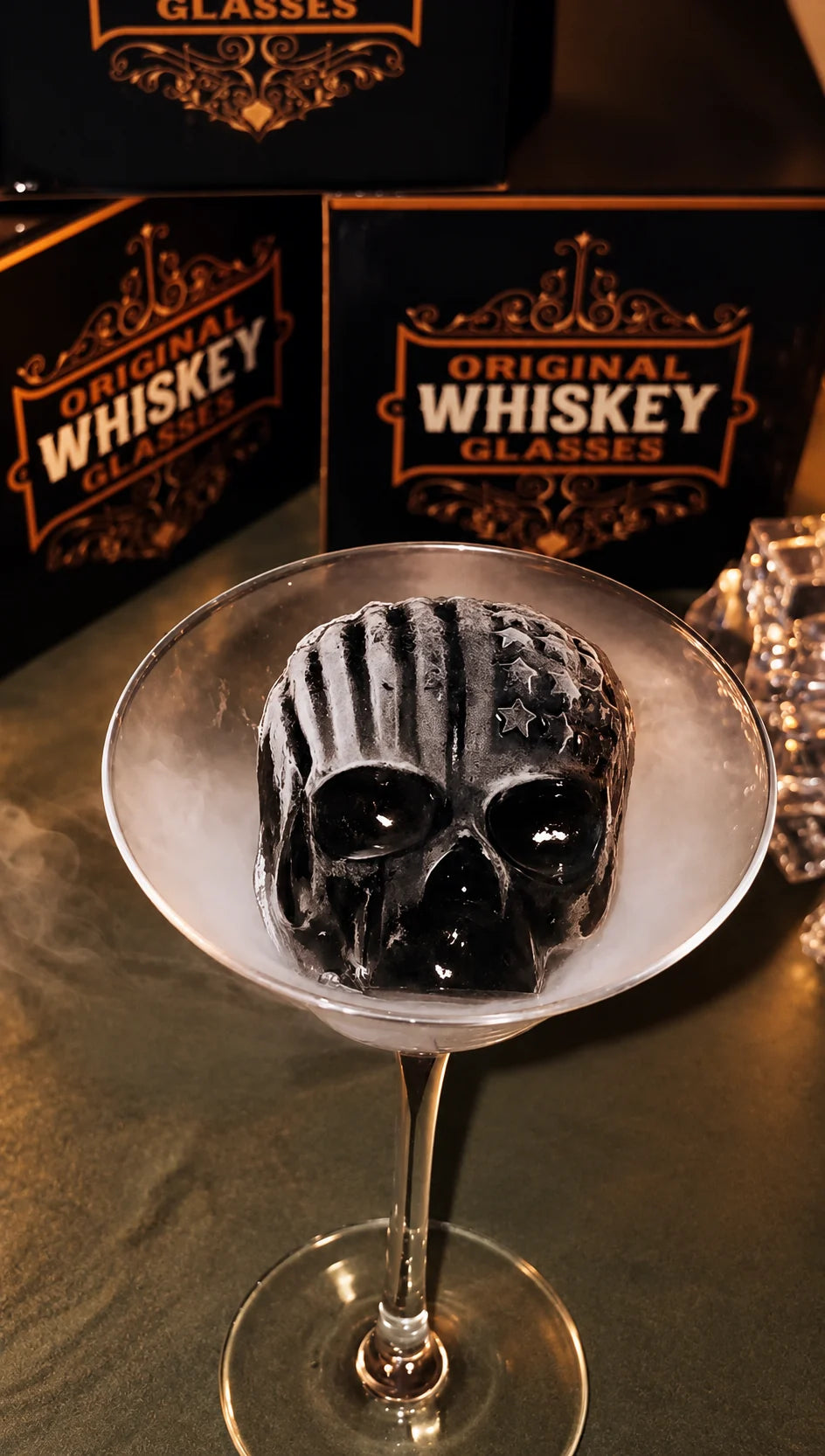 Skull-shaped ice in a cocktail glass against a warm, dark bar setting